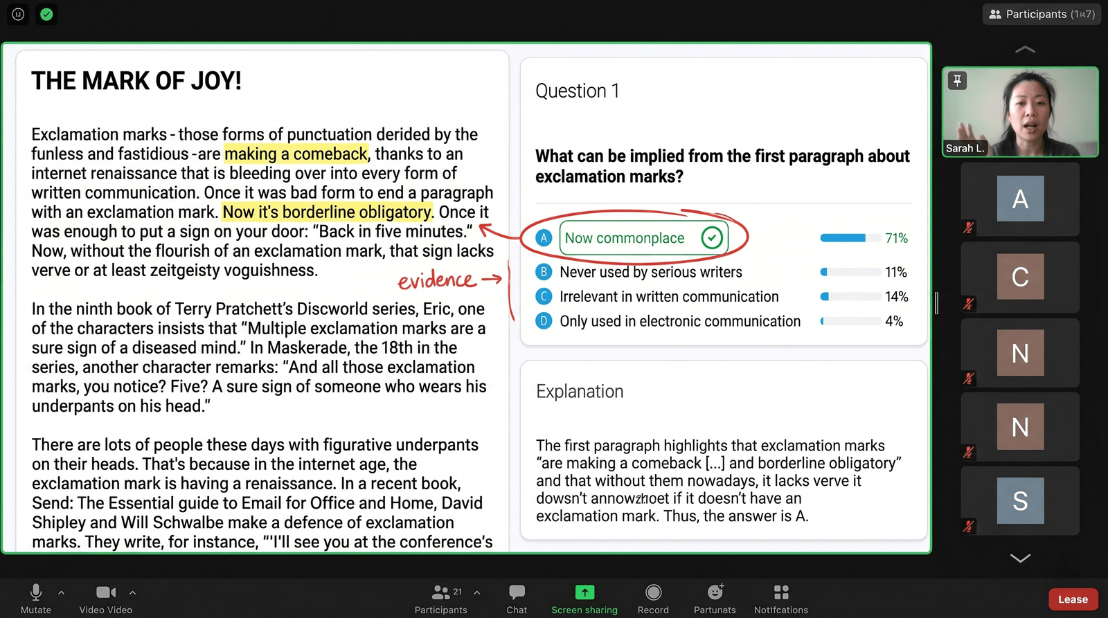 Screenshot of a live homework help class